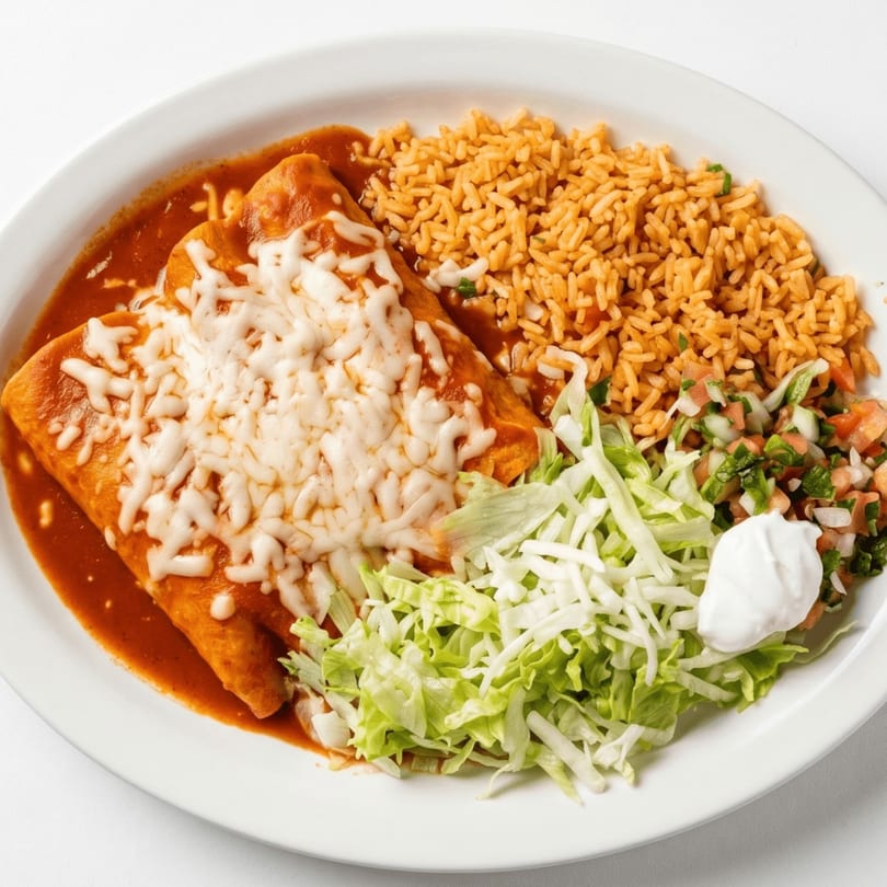 Two cheese enchiladas covered in red sauce and melted cheese, served with rice, lettuce, pico de gallo, and sour cream.