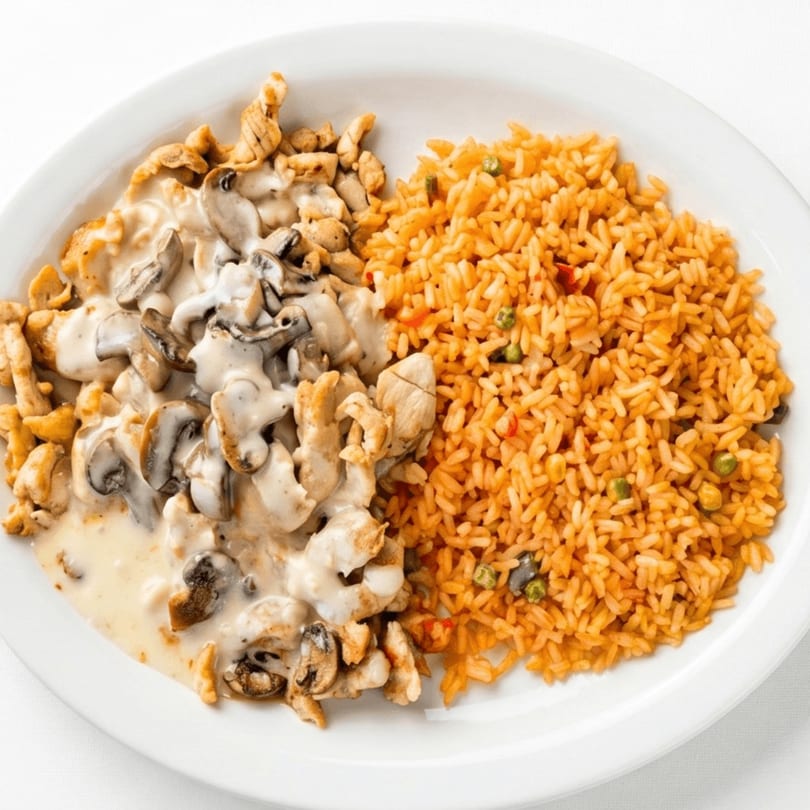 Chicken and mushrooms in cream sauce with a side of orange rice on a white plate.