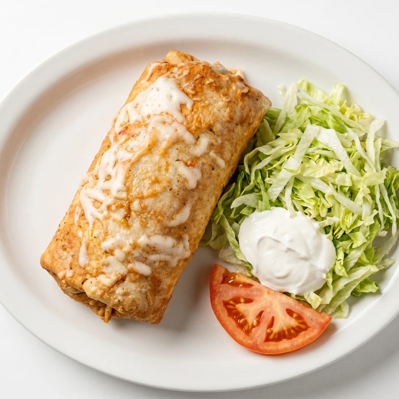 A cheesy burrito with shredded lettuce, a dollop of sour cream, and a tomato slice on a white plate.