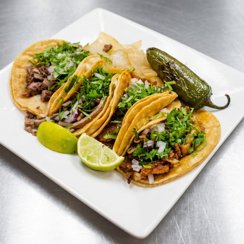 Four street tacos with meat, cilantro, onions, lime wedges, grilled onions, and a jalapeño.
