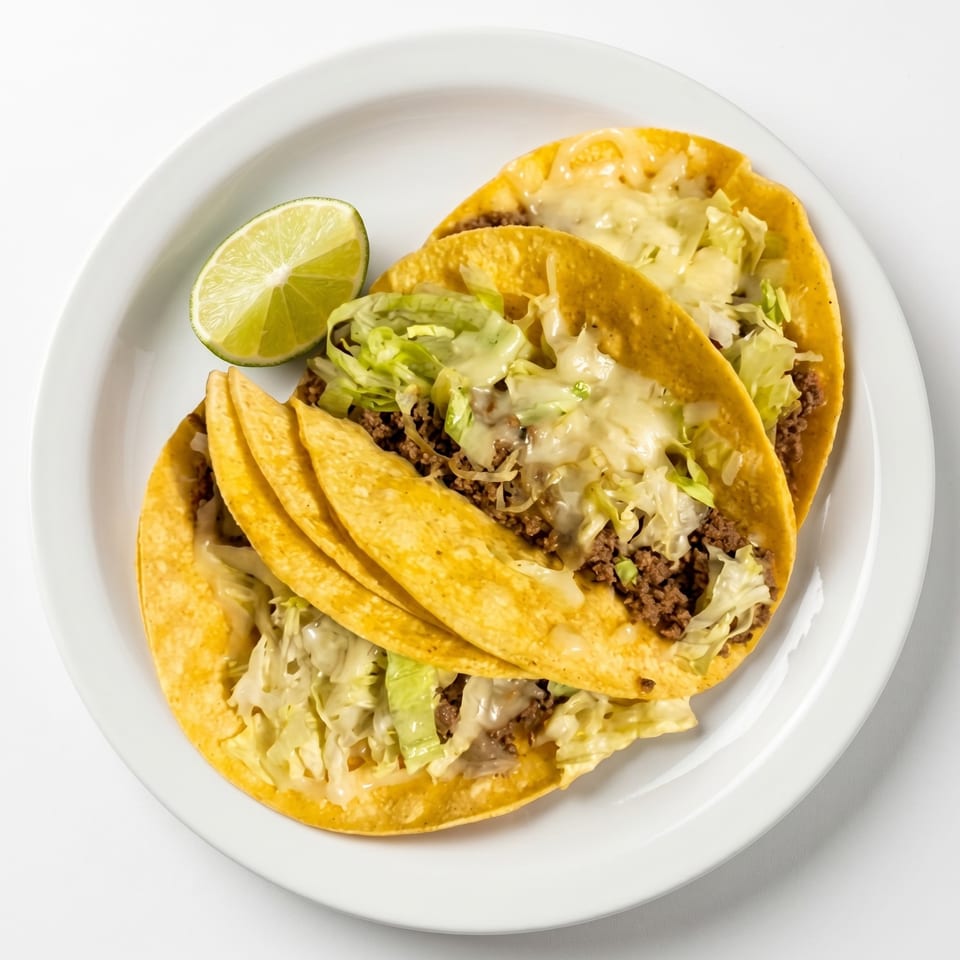 Three beef tacos with melted cheese, shredded lettuce, and a lime wedge on a white plate.