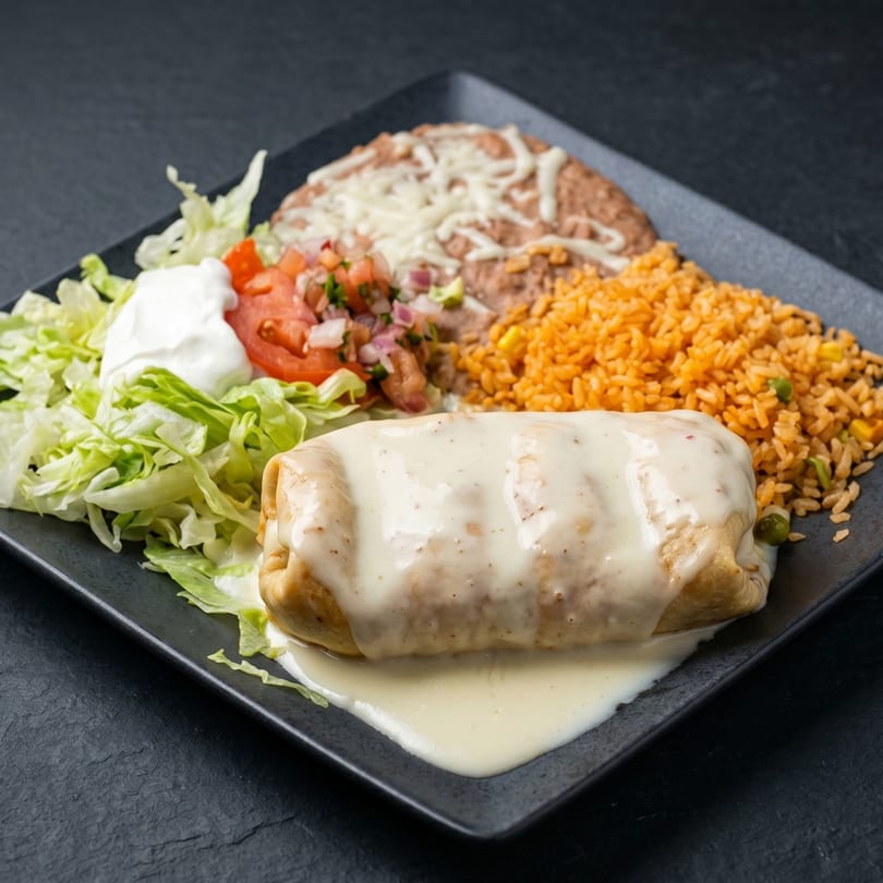 A burrito covered in white sauce, with rice, refried beans, lettuce, sour cream, and pico de gallo.