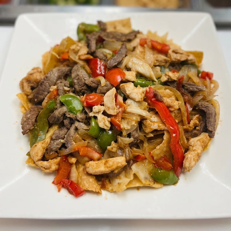A plate of stir-fried beef and chicken with bell peppers and onions on a white plate.