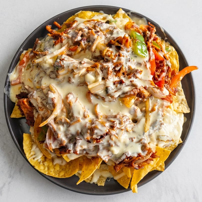 A plate of nachos covered in melted white cheese, shredded meat, onions, and bell peppers.